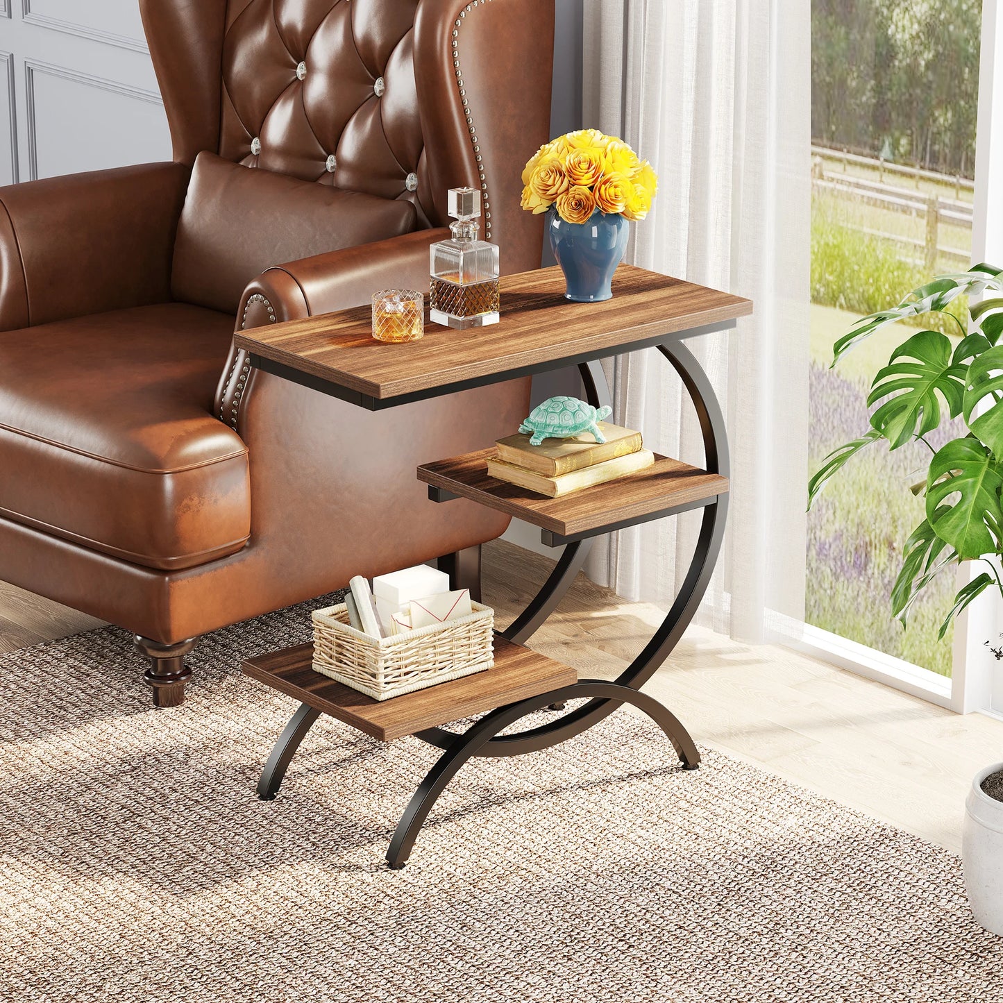 Tribesigns C-Shaped End Table, Industrial 3-Tier Small Table for Couch with Storage Shelves