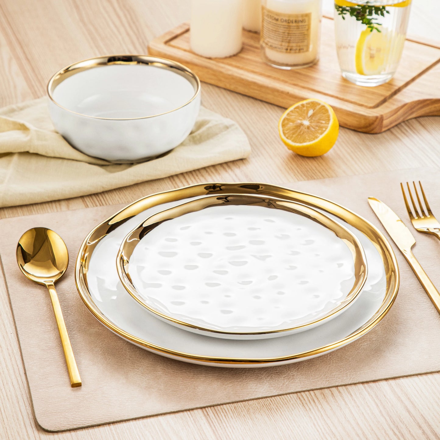 LOVECASA 12/24 Piece Ceramic Porcelain White and Golden Rim Dinnerware Sets With 4/8 PCS Dinner Plate/Dessert/Cereal Bowl for 4