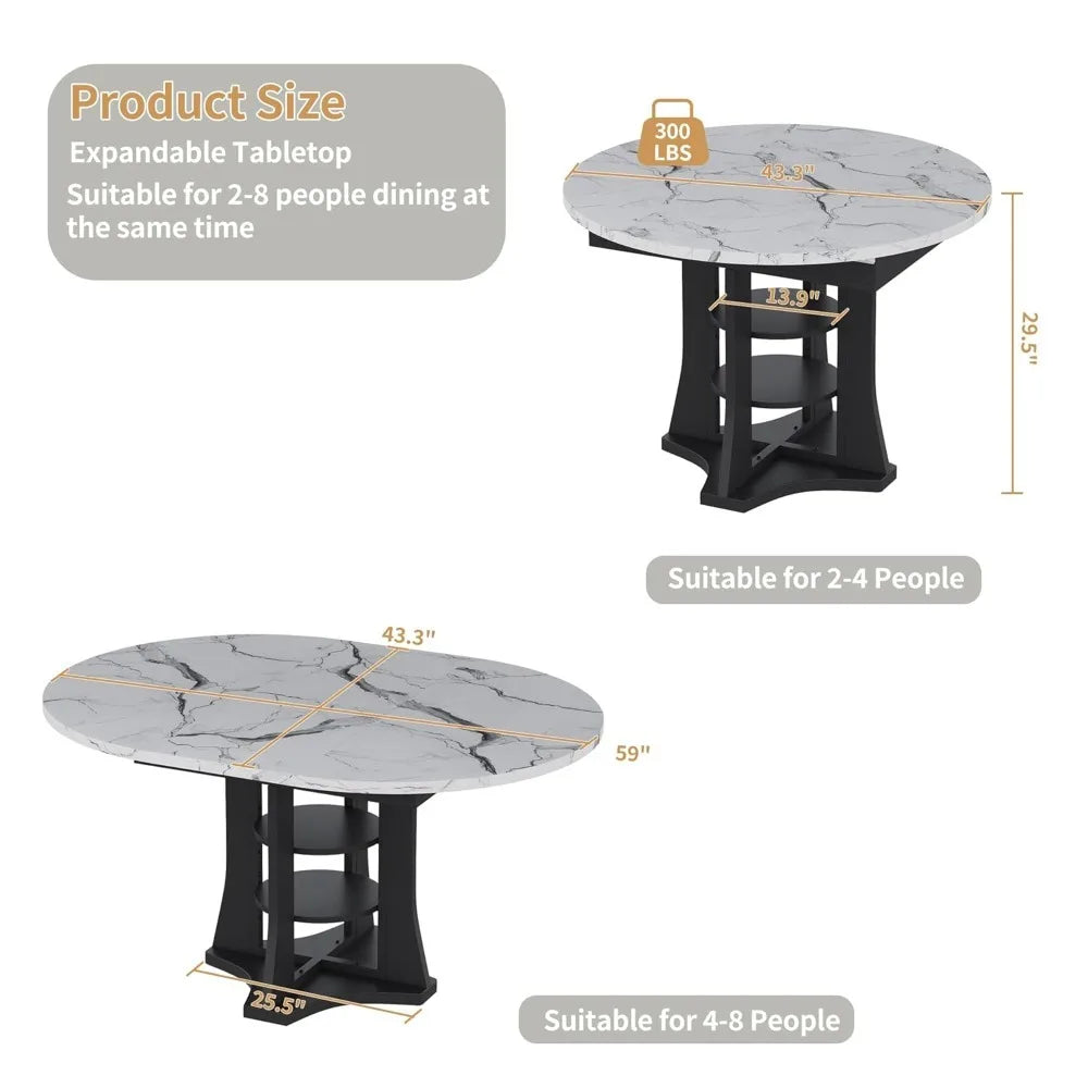 Extendable Dining Table 43"-59" for 4-6, White Faux Marble Round Kitchen Dining Room Table with 2 Tier Storage, Customized
