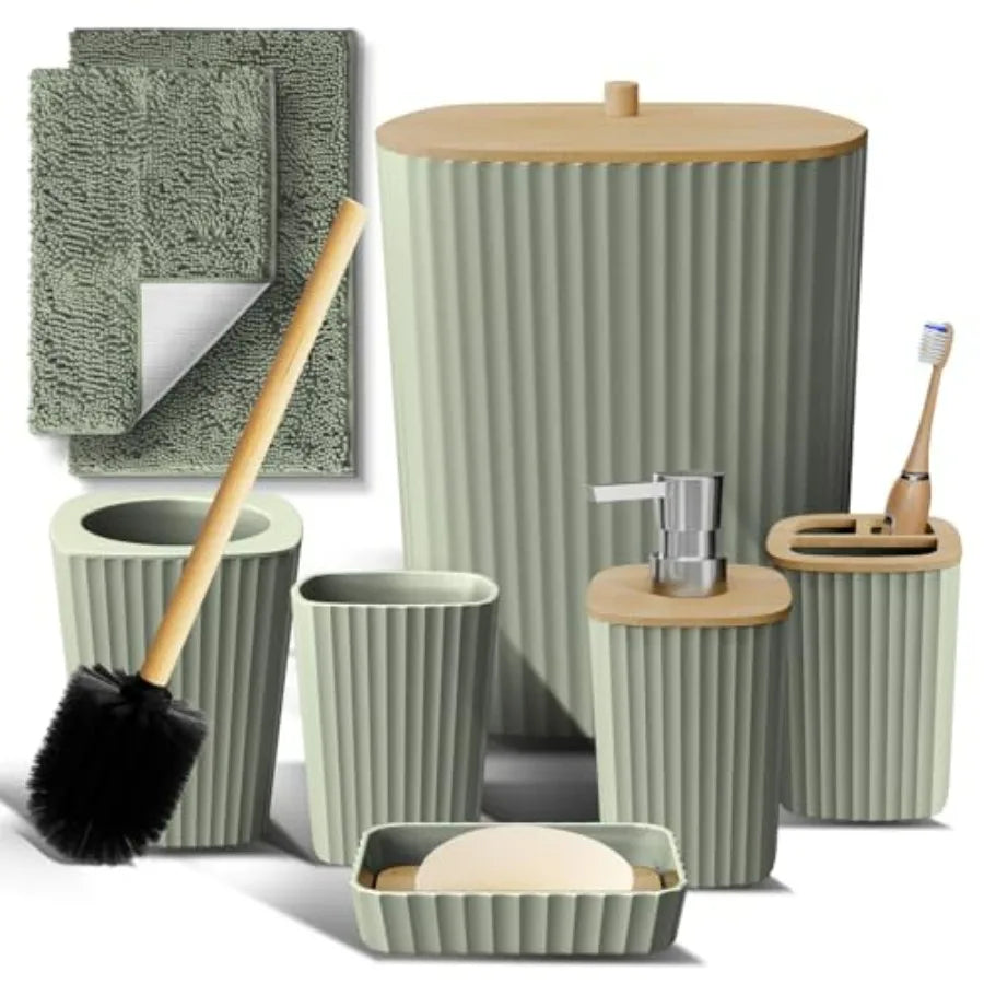 Sage Green Bathroom Set for Modern Bathrooms with Rugs Brush Trash Can Soap Dispenser 6PC Accessory Set in Durable Material