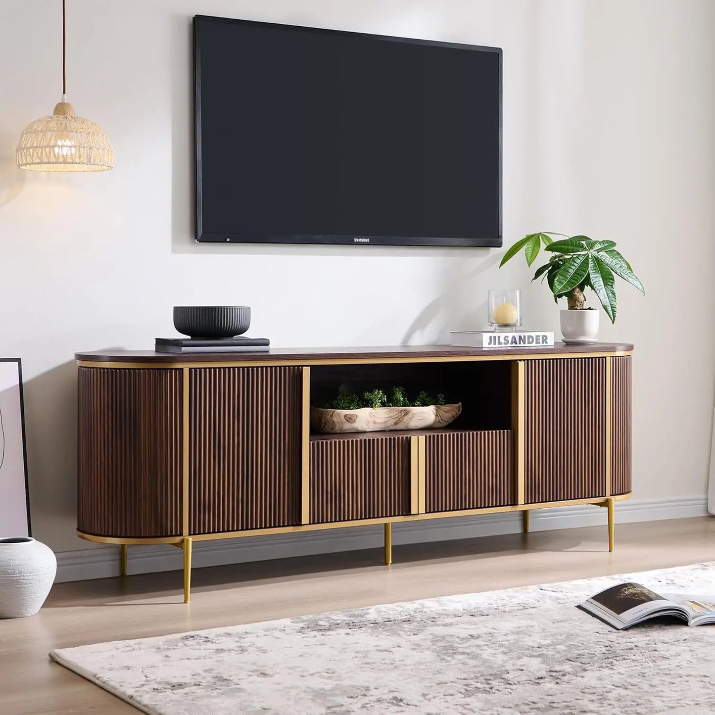 70" Fluted TV Stand Modern Entertainment Center Faux Marble Top Curved Profile Media Console Living Room Navy Blue Customized