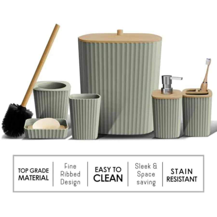 Sage Green Bathroom Set for Modern Bathrooms with Rugs Brush Trash Can Soap Dispenser 6PC Accessory Set in Durable Material