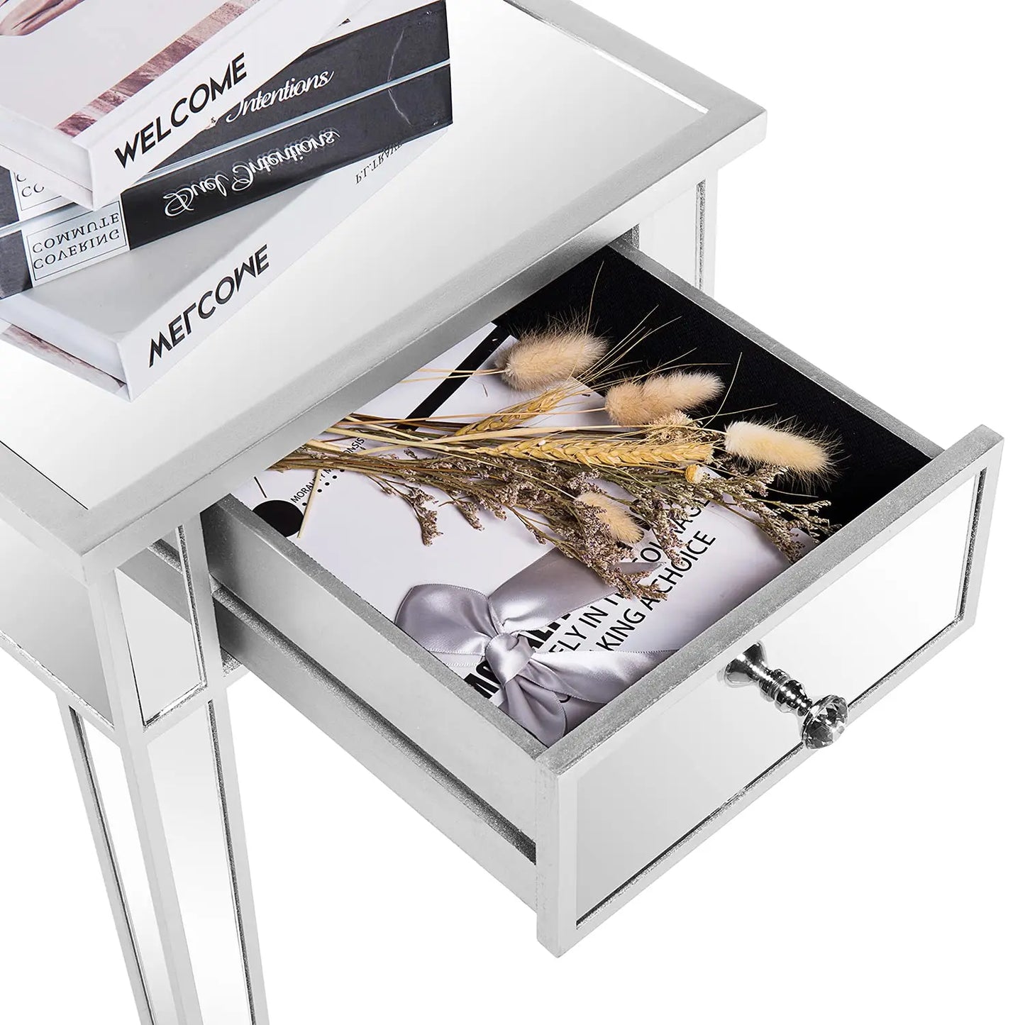 Mirrored End Table with Drawer Silver Modern End Table for Living Room 15.7x15.7x24 inch, Customized