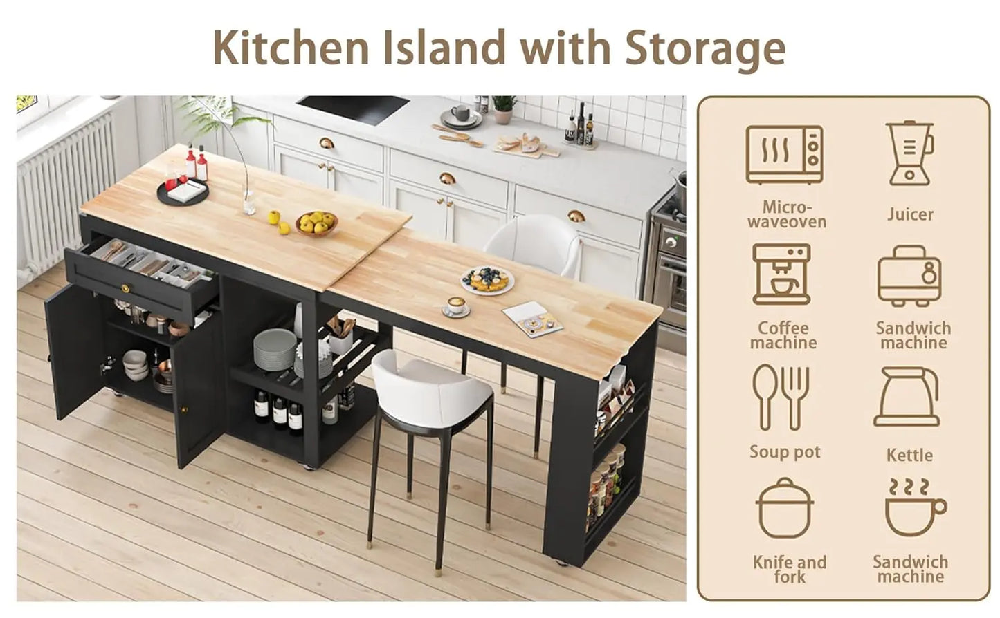 77.8'' Rolling Kitchen Island with Extendable Dining Table for 2-4, 2 in 1 Kitchen Islands Cart on Wheels, Storage Cabinet with