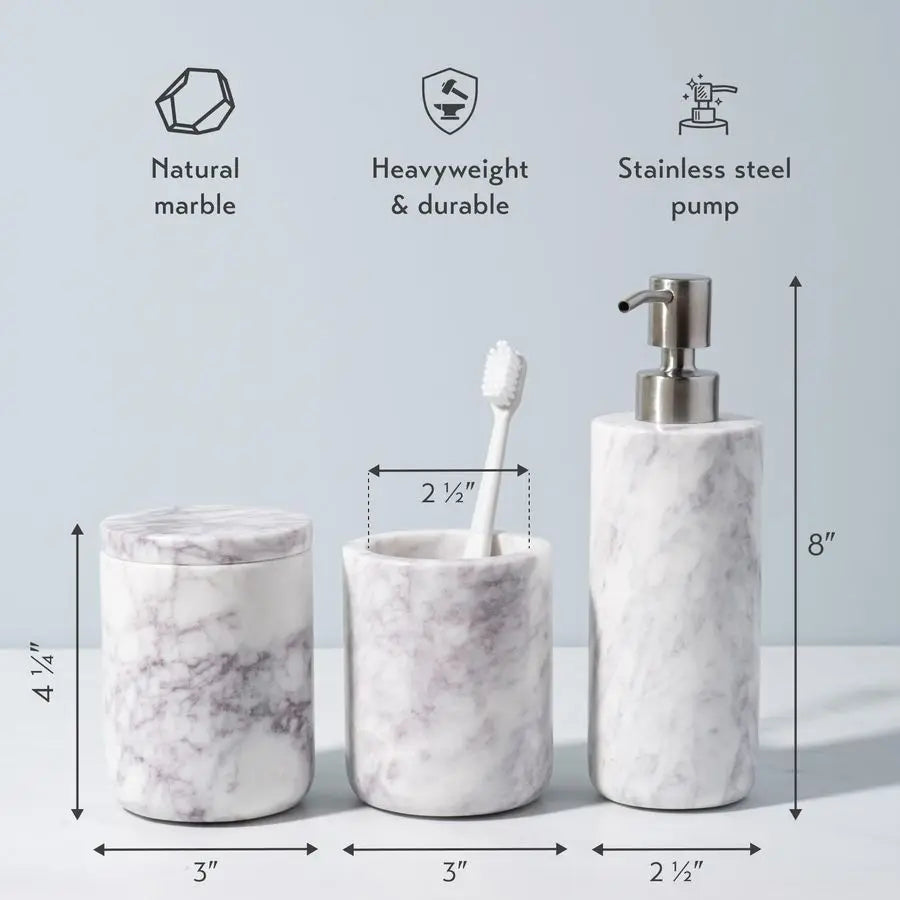 Bathroom Accessories Set, Complete 3 Piece Set with Soap Dispenser, Toothbrush Holder amp Canister with Lid for Qtips, White Ma
