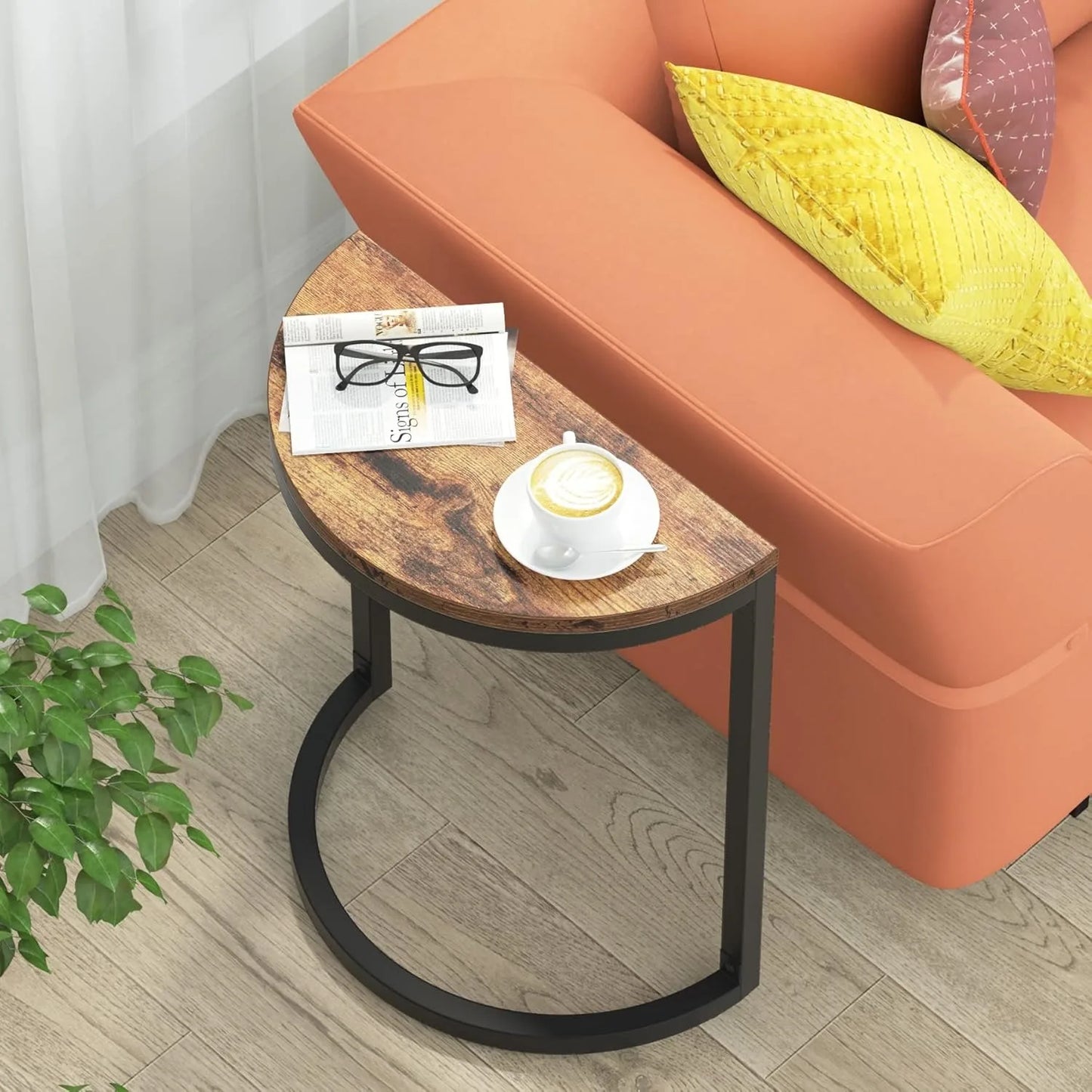 2-Tier End Table Semi Circle, Half Round Side Table with Storage Shelf, Wood Accent Table Slim C Table for Sofa Couch