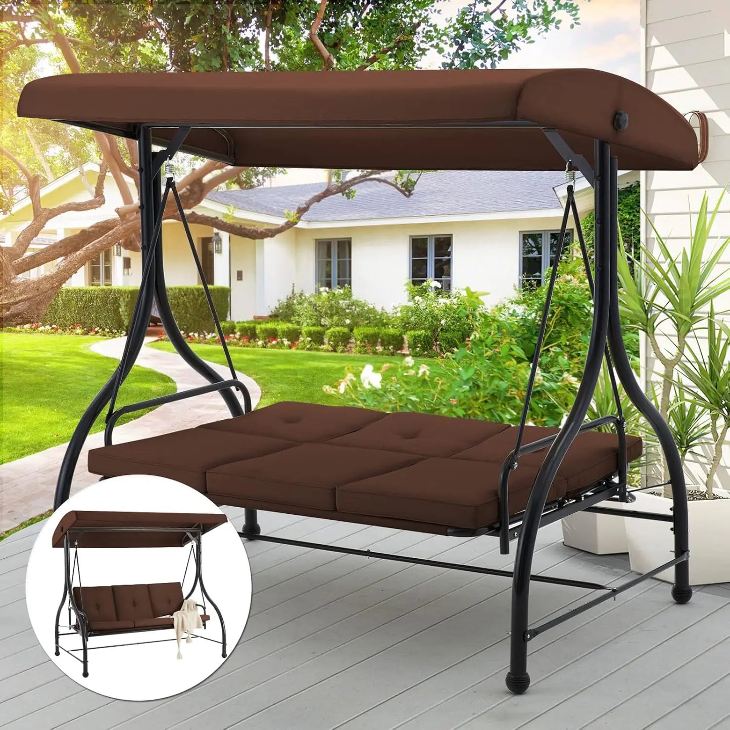 3-Seat Outdoor Patio Swing Chair, Converting Swing Glider Canopy Hammock w/Adjustable Backrest and Canopy, Customized