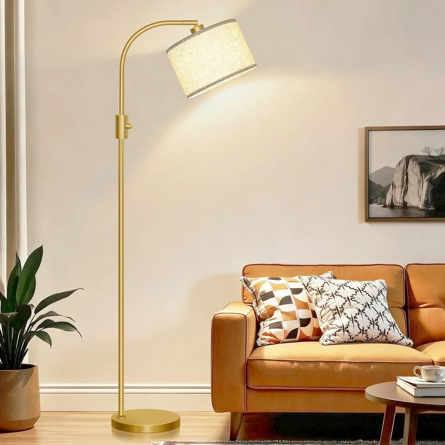 Modern Arc Dimmable Floor Lamp with Linen Shade, 1200 Lumens LED Bulb Included, Gold Finish for Living Room