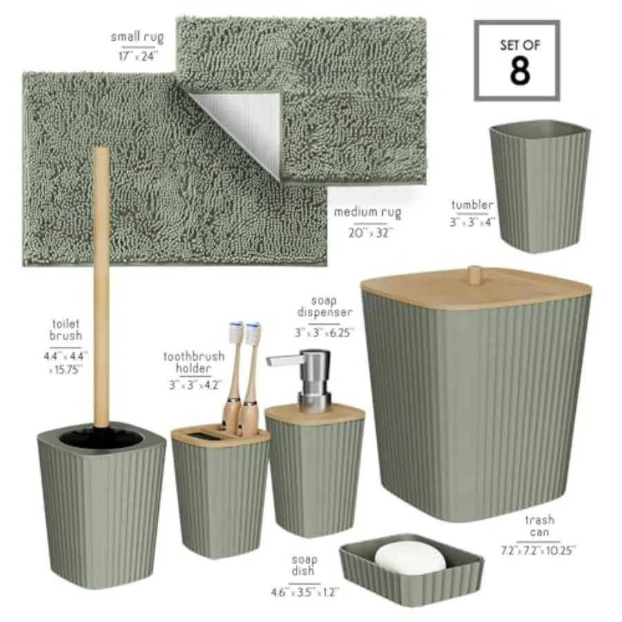 Sage Green Bathroom Set for Modern Bathrooms with Rugs Brush Trash Can Soap Dispenser 6PC Accessory Set in Durable Material