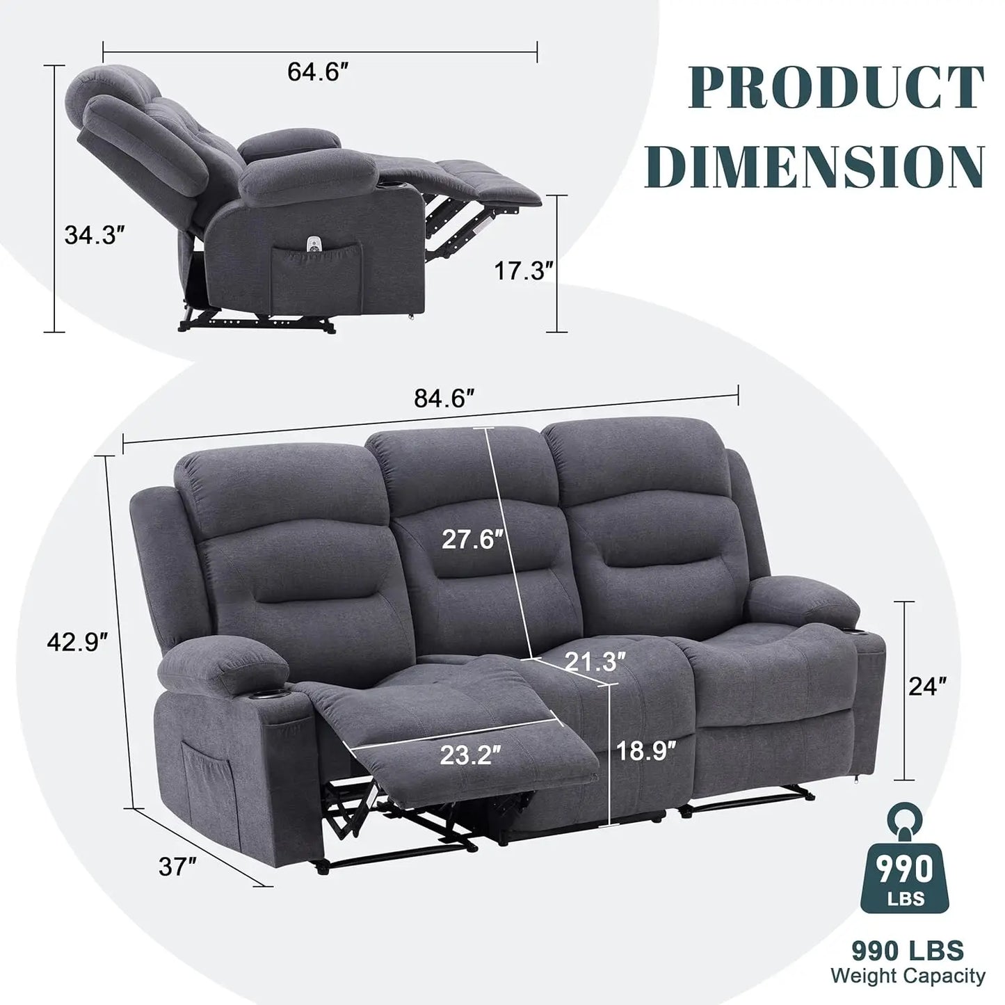 Oversized 3-Seater Recliner Sofa with Heat & Massage Wall-Hugger Cup Holders USB Port Fabric Grey for Living Room RV