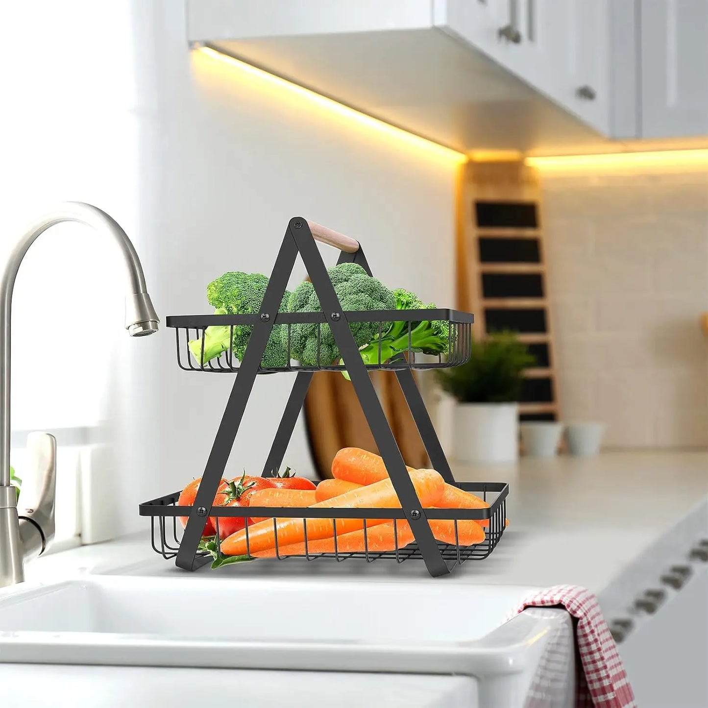 2-Tier Metal Fruit Basket, Portable Kitchen Organizer for Fruits Vegetables Snacks Storage