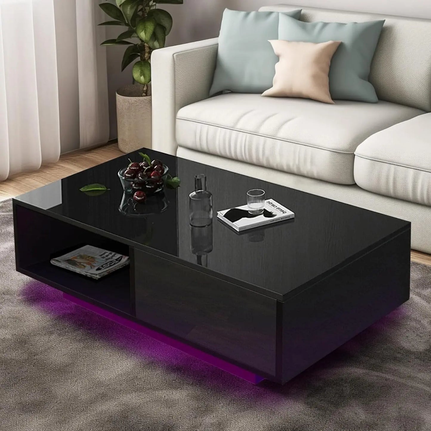 43.3IN LED Black Coffee Tables for Living Room with 16 Colors LED Lights Modern Coffee Table with Storage Drawer, Customized