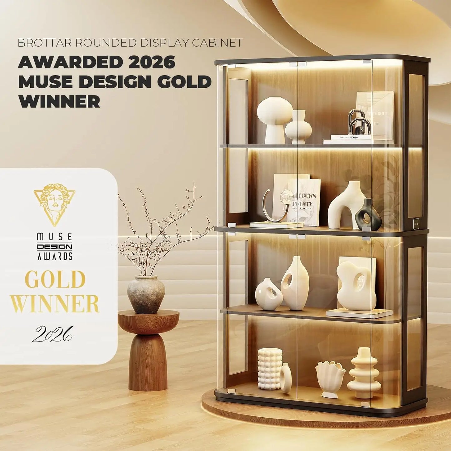Large Rounded Display Cabinet with Glass Door, 4-Tier Curio Cabinet with 3 Color Lights for