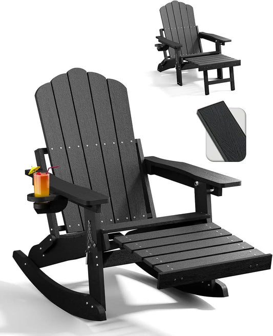Adirondack Rocking Chairs with Retractable Ottoman & Cup Holders, 6-in-1 Folding HDPE Outdoor Rockers for Patio, Porch, Lawn