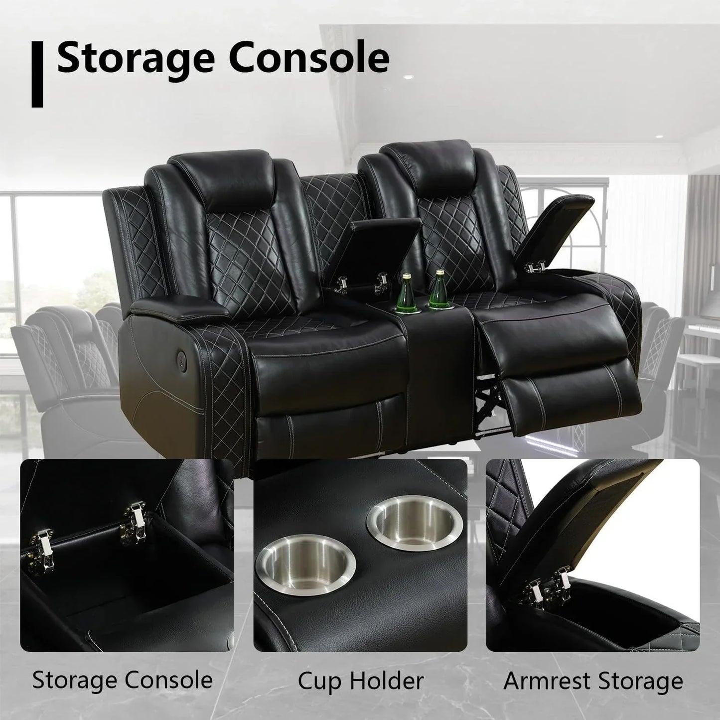 Power Recliner Sofa Set with LED Light for Living Room Furniture，Black Leather Reclining Sofa and Loveseat Set 3 Seater Sofa