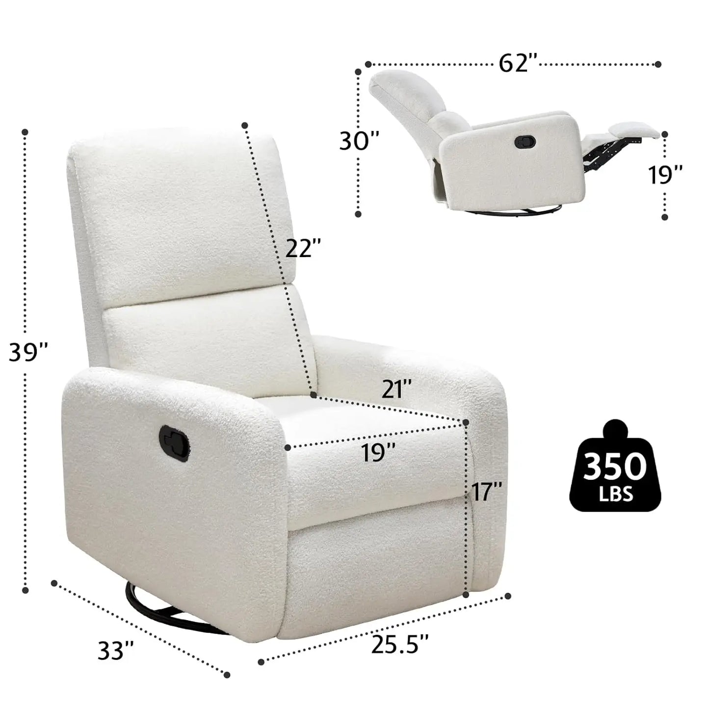 Swivel Glider Rocking Recliner Chair Upholstered Comfy Nursery Living Room Bedroom Teddy White No Side Pockets, Customized