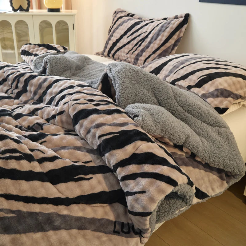 3-pc quilt set: all-season plush faux rabbit fur, Bohemian style. Perfect for bedroom/guest room & holiday gifts.