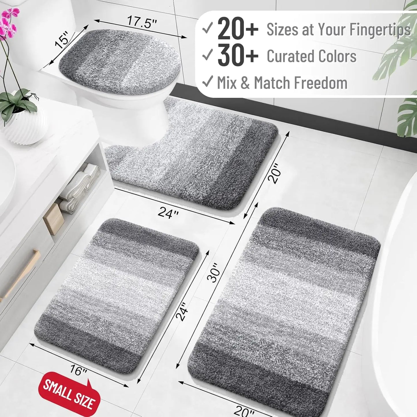 Extra Soft Absorbent Microfiber Bath Rugs, Rubber Backing, Quick Dry, Machine Washable for Bathroom Floor and Shower, Grey