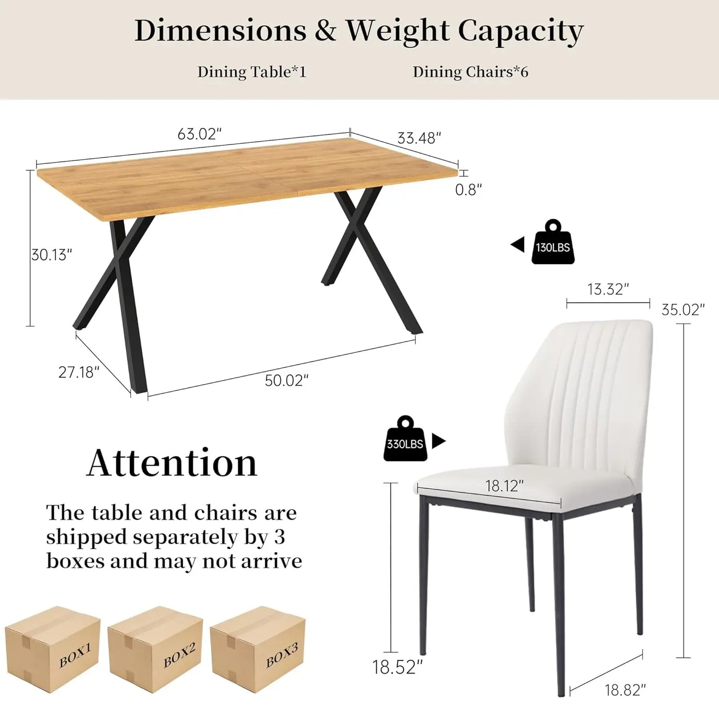 7-Piece Dining Set 63in MDF Table 6 Upholstered Chairs Metal Legs Kitchen Room Oak White Custom