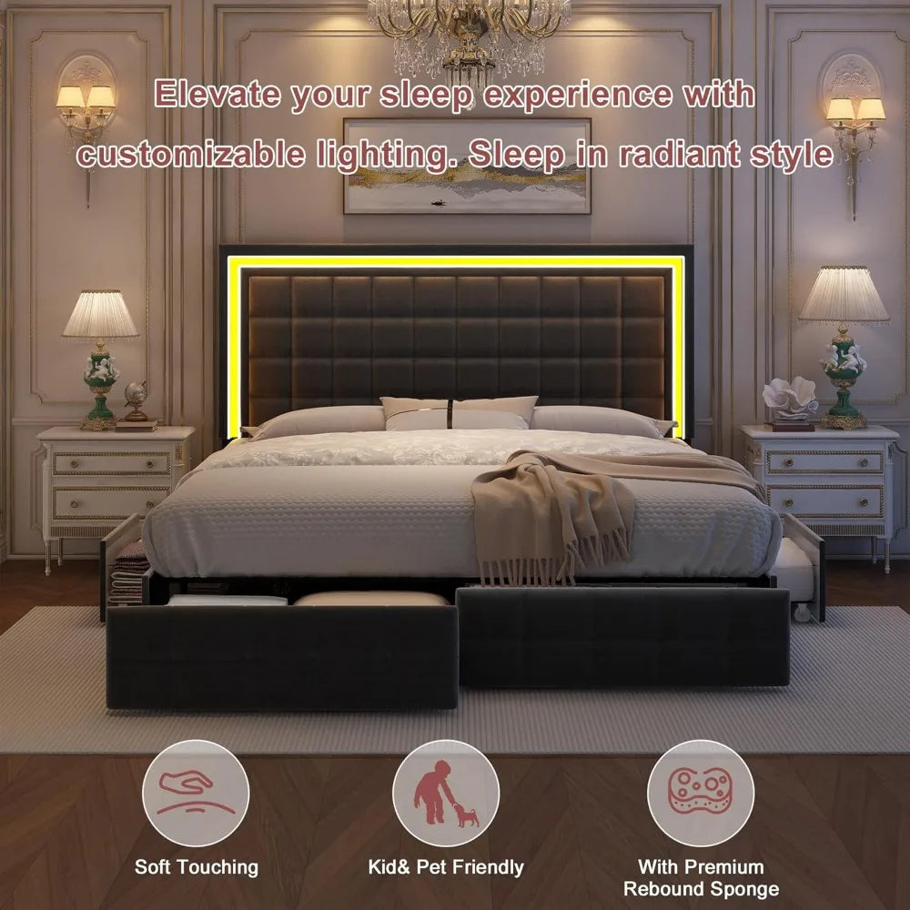 Full Bed Frame with LED Lighting and Storage Drawers, No Box Spring Needed, Supports 900 lbs, Easy Assembly, Quiet-Customized