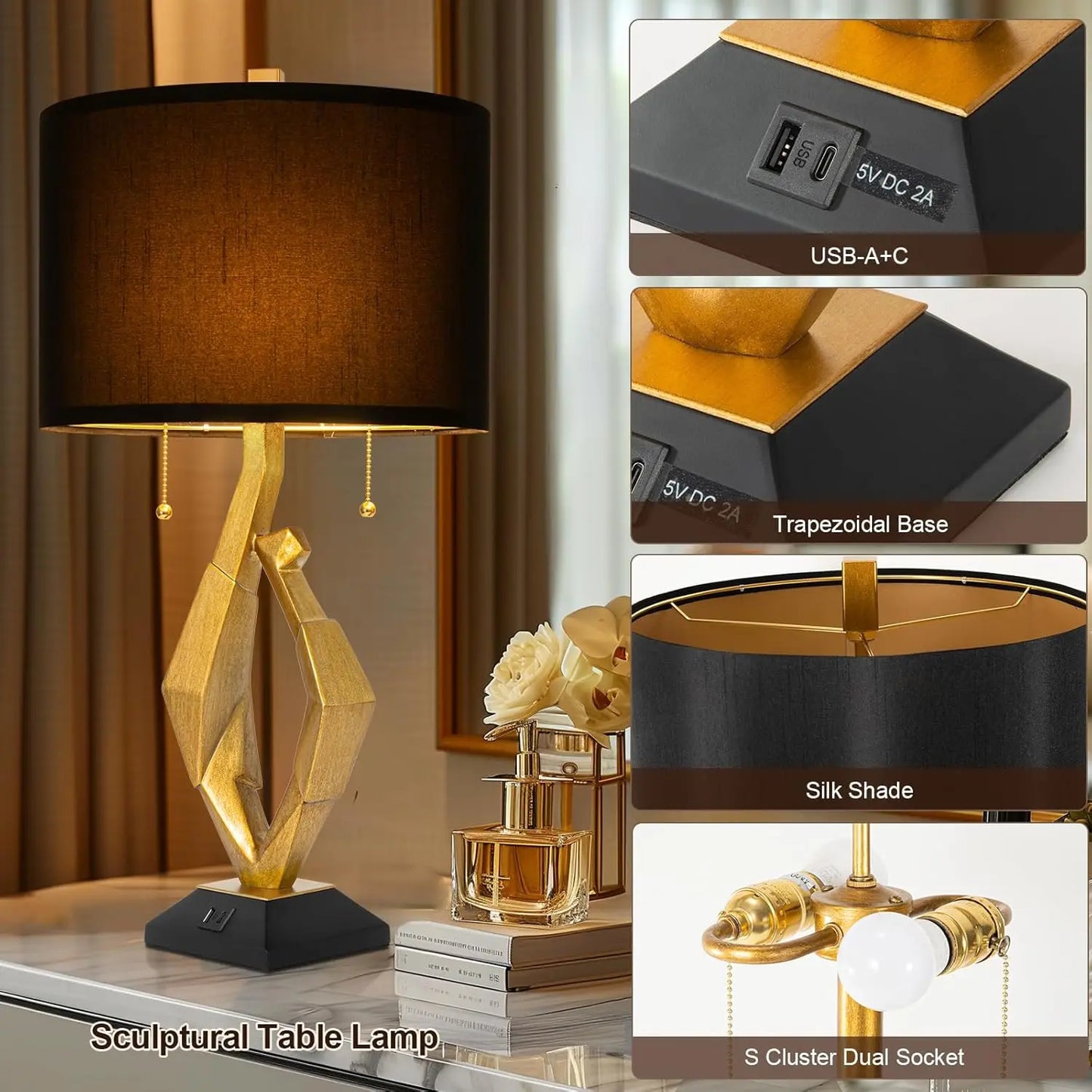 Table Lamp Set of 2 with USB Ports For Living Room, Gold Leaf Finish Farmhouse Lamps with S Cluster Pull Chains Switch