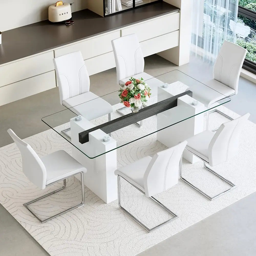 Glass Dining Table Set for 6, Modern Kitchen Table and Chairs for 6,71 in Glass Dining Table with 6 PU Leather, Customized