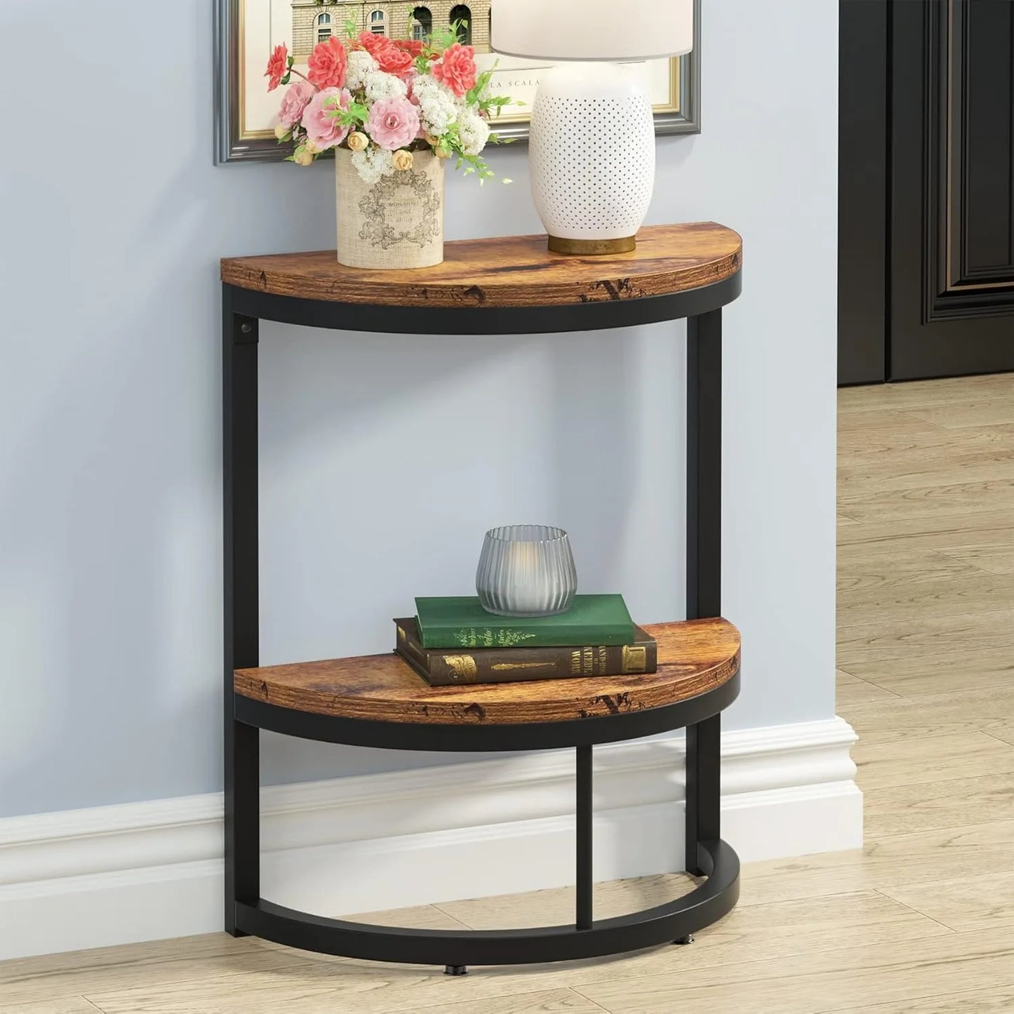 2-Tier End Table Semi Circle, Half Round Side Table with Storage Shelf, Wood Accent Table Slim C Table for Sofa Couch