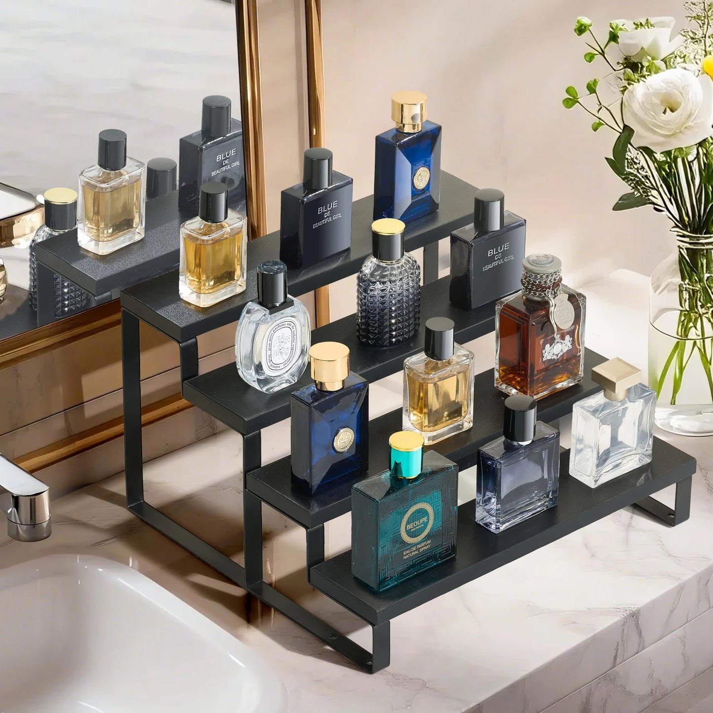 4 Tier Wood Cologne Organizer 12 Inch Waterproof Perfume Display Stand with Anti-Slip for Men Dresser Top