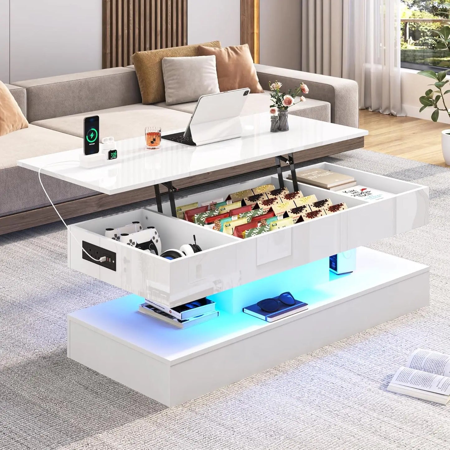 47.2" Large Lift Top Coffee Table,Modern High Glossy LED Coffee Tables for Living Room with Storage Drawer,White, Customized