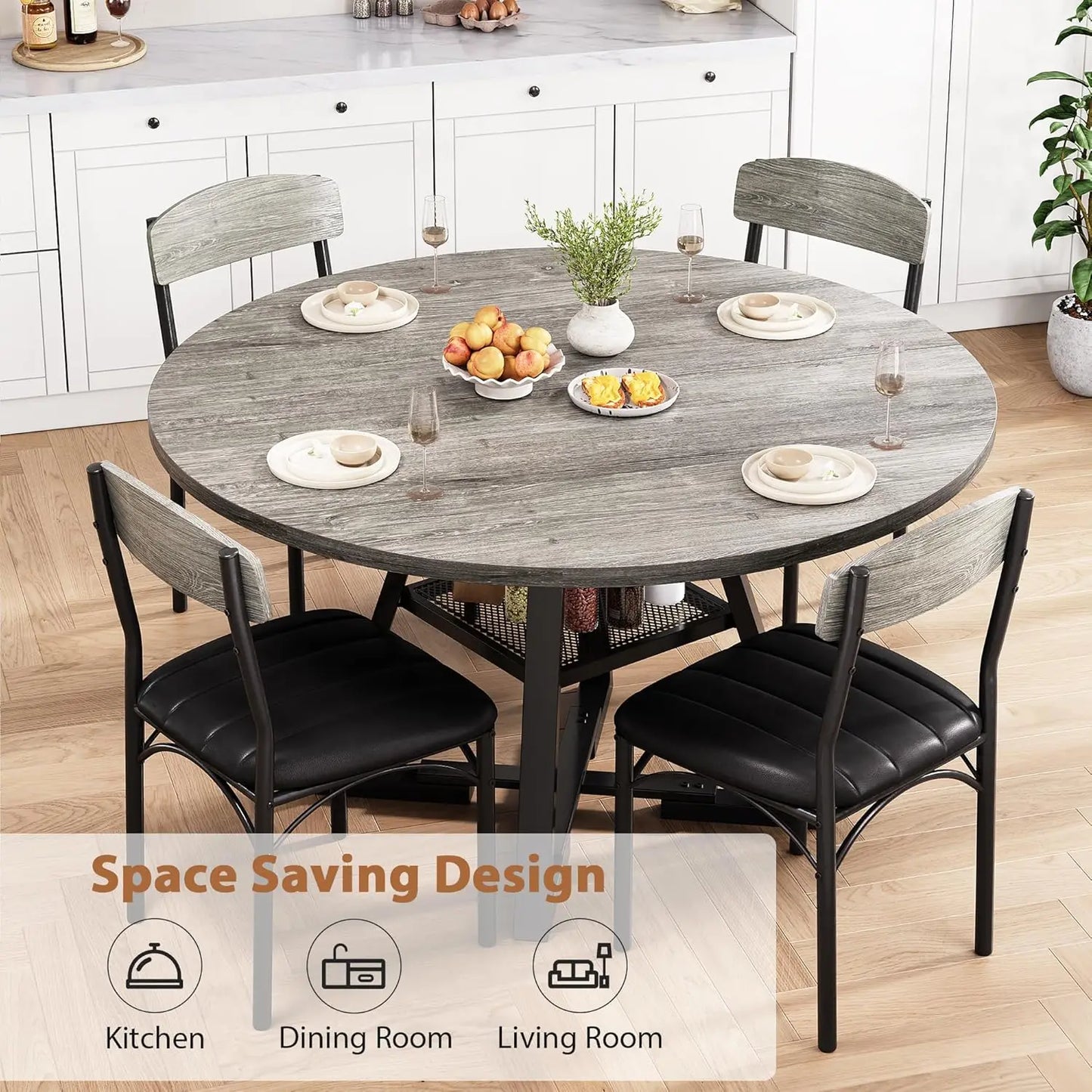 Round Dining Table Set for 4, Kitchen and Chairs for 4, Circle Round Pedestal Dining Room Dinner Dinette Set,5
