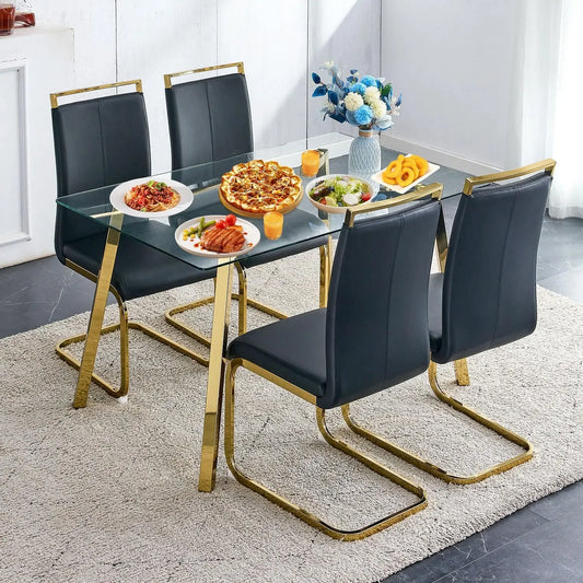 Dining Table Set of 4,51" Rectangle Tempered Glass Table Top with Golden Metal Legs,Kitchen Room Table with 4 Black Faux