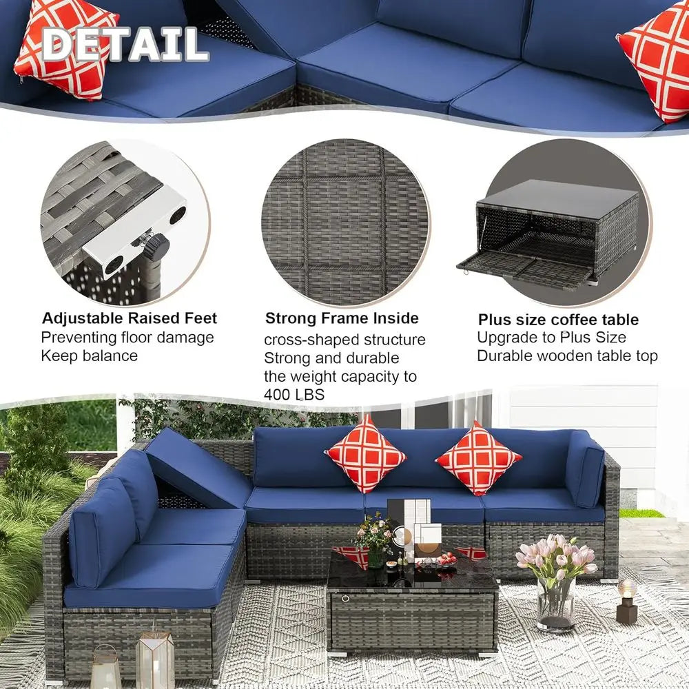 7-Piece Outdoor Patio Furniture Set, Handwoven PE Rattan, Sectional with Storage Table, Navy Blue Cushions & Pillows, Ideal for