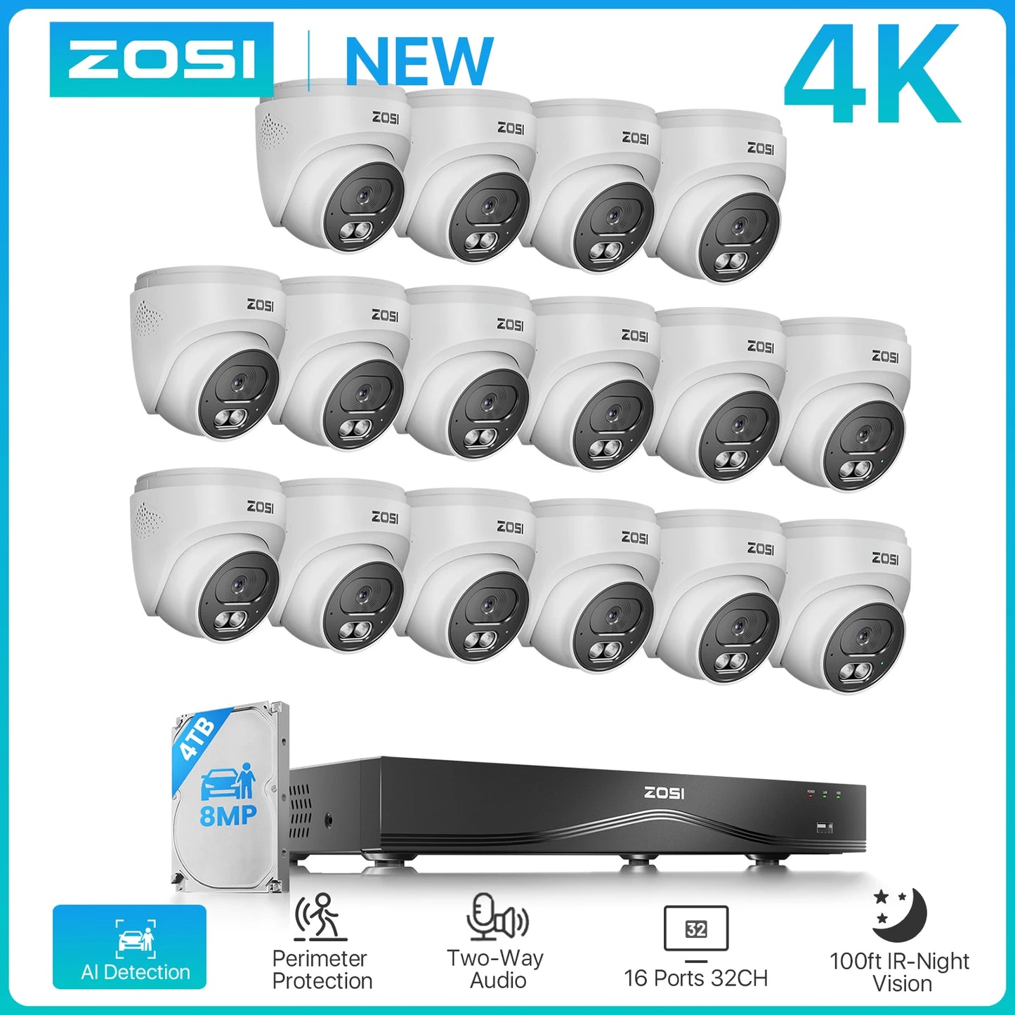 ZOSI 16CH 4K CCTV Cameras System 8MP Outdoor Indoor PoE Security Cameras 16Port 32-Channel NVR 4TB HDD Home Video Surveillance