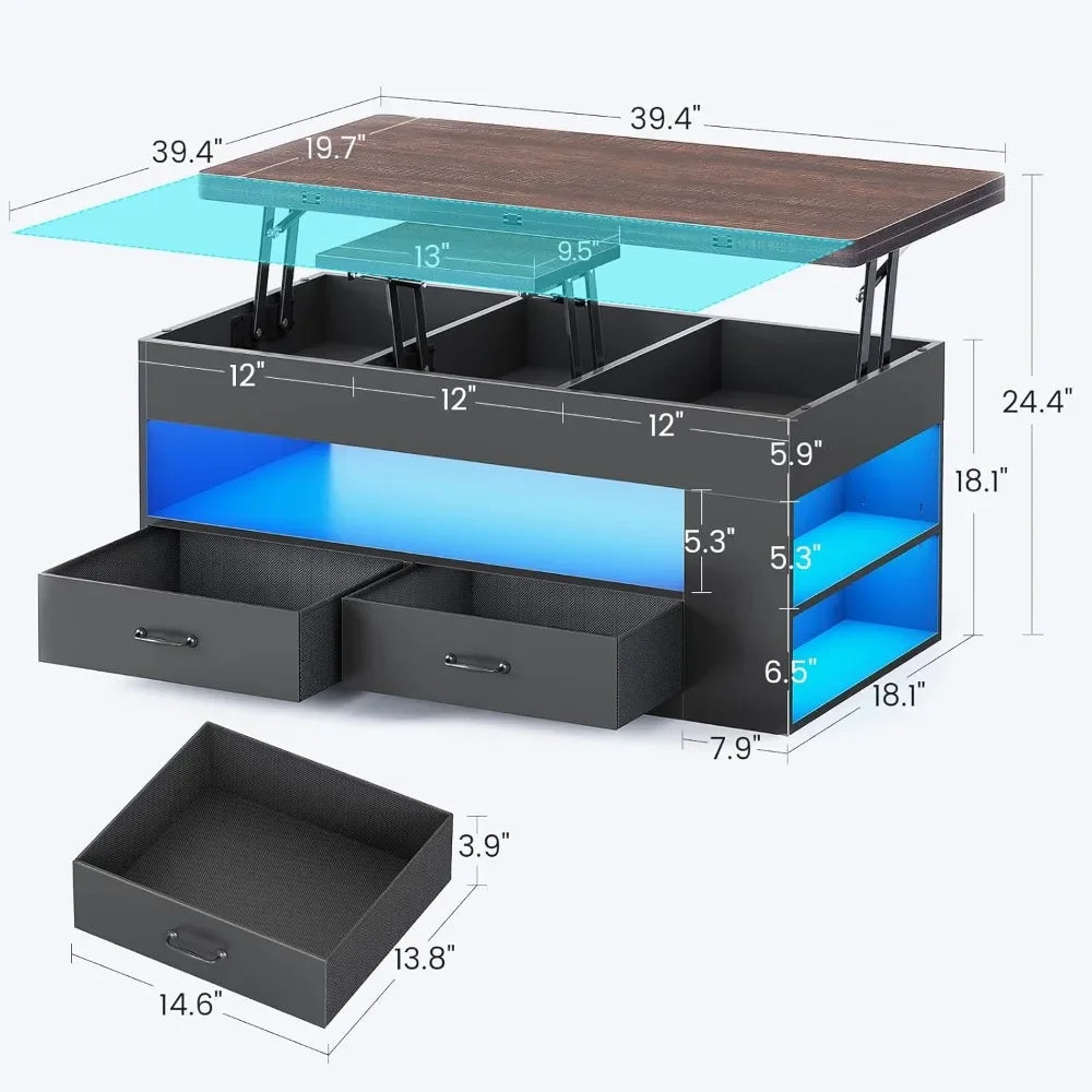 4-in-1 Lift Top Coffee Table with Storage, LED Lights, and Hidden Compartment for Living Room - Black