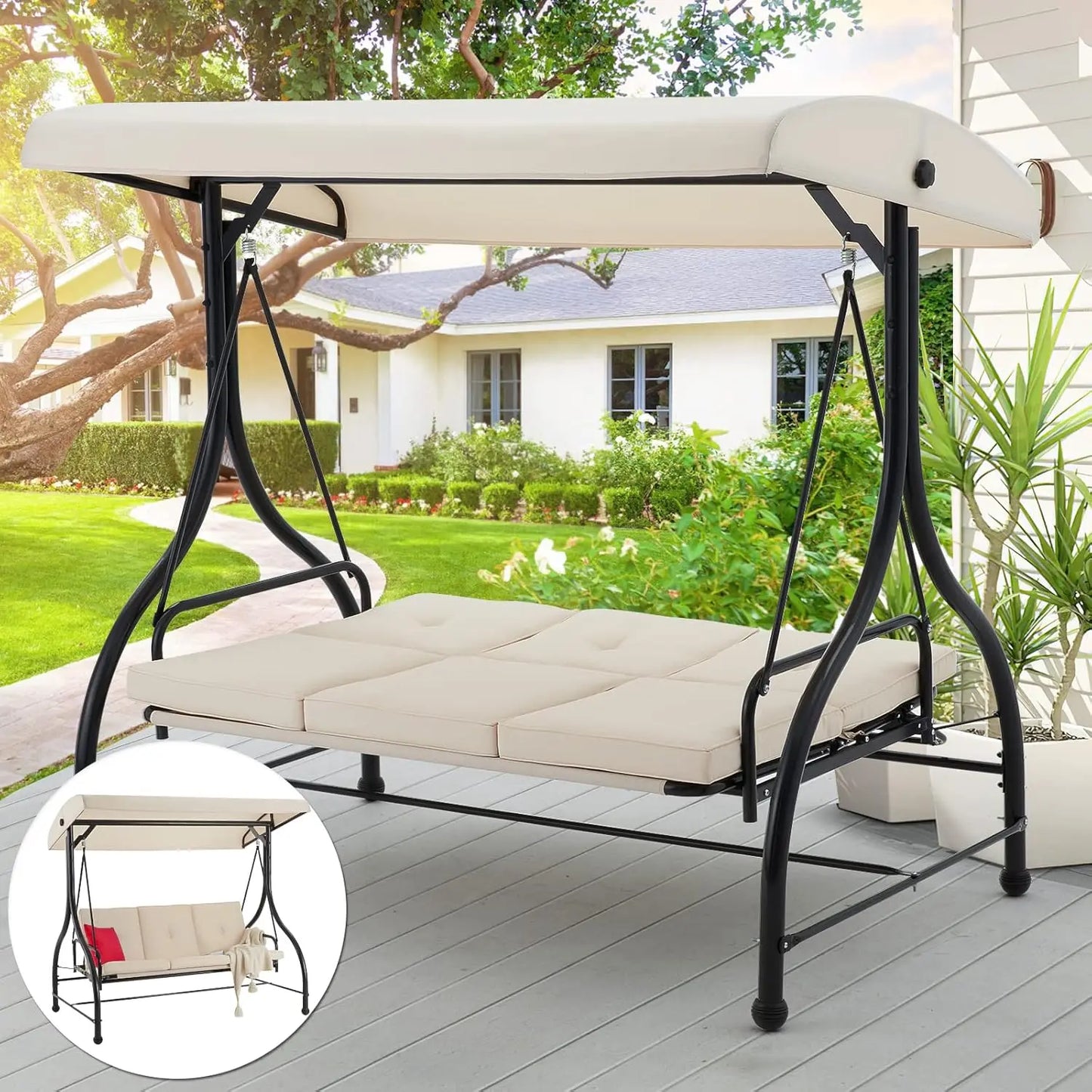 3-Seat Outdoor Patio Swing Chair, Converting Swing Glider Canopy Hammock w/Adjustable Backrest and Canopy, Customized