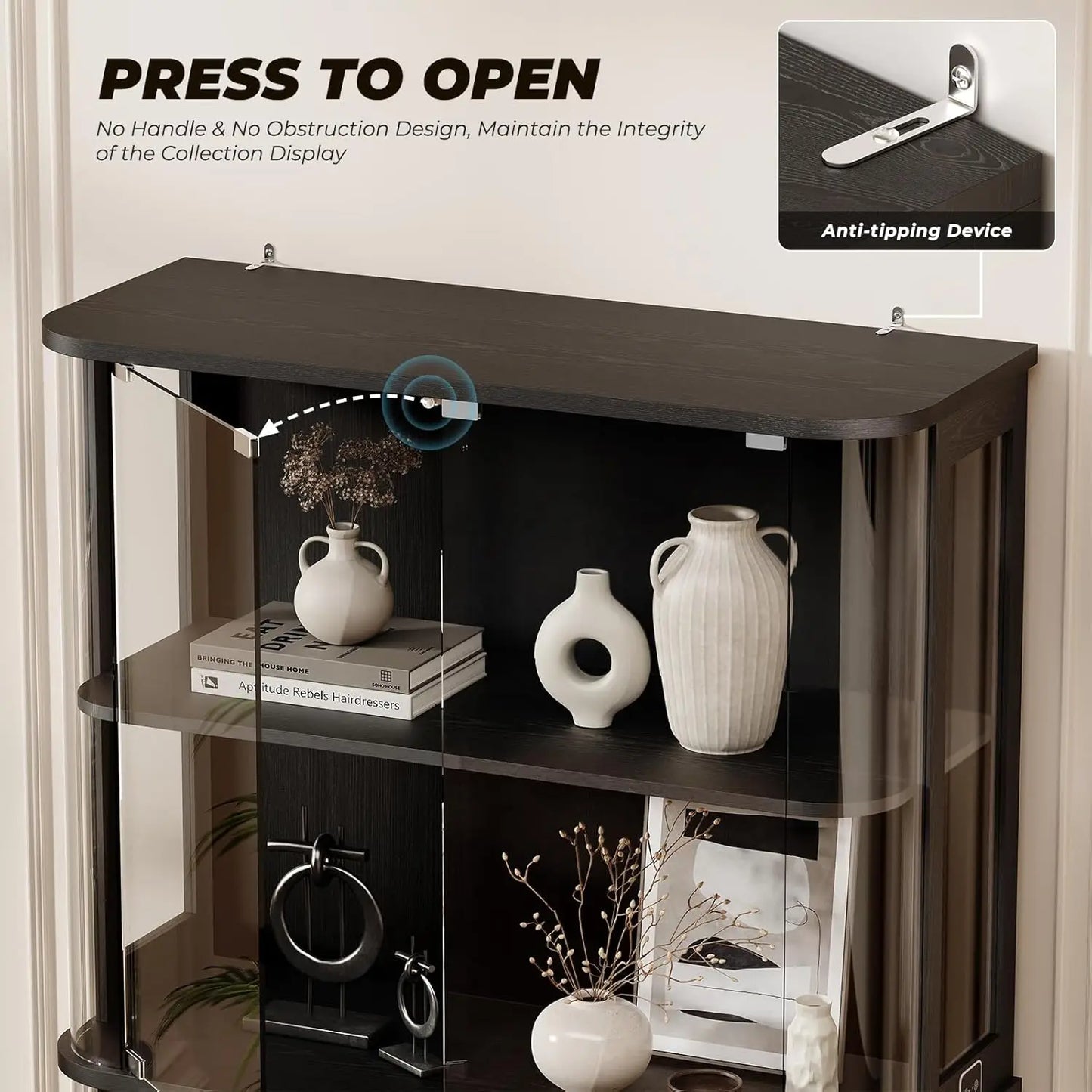 Large Rounded Display Cabinet with Glass Door, 4-Tier Curio Cabinet with 3 Color Lights for