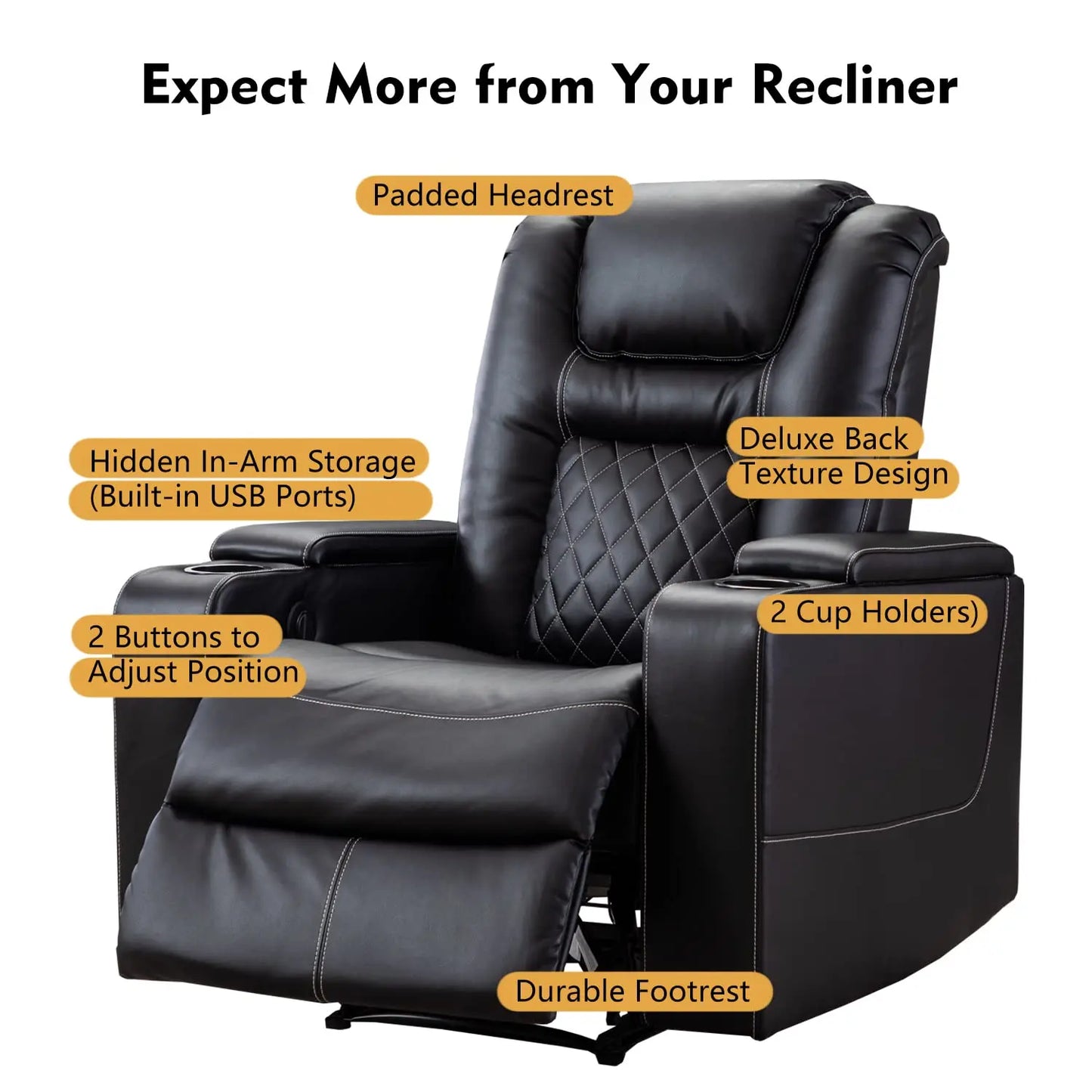 Power Recliner Chair USB Ports Cup Holders Leather Home Theater Hidden Arm Storage Black Customized