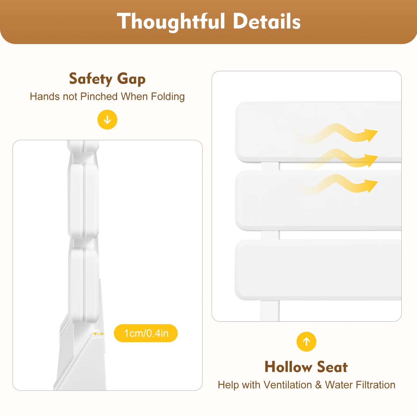 Folding Shower Seat Wall Mounted, Up to 130kg/286.6lbs, Secure Ergonomic Foldable Shower Bench, Space Saving Fold Down, White