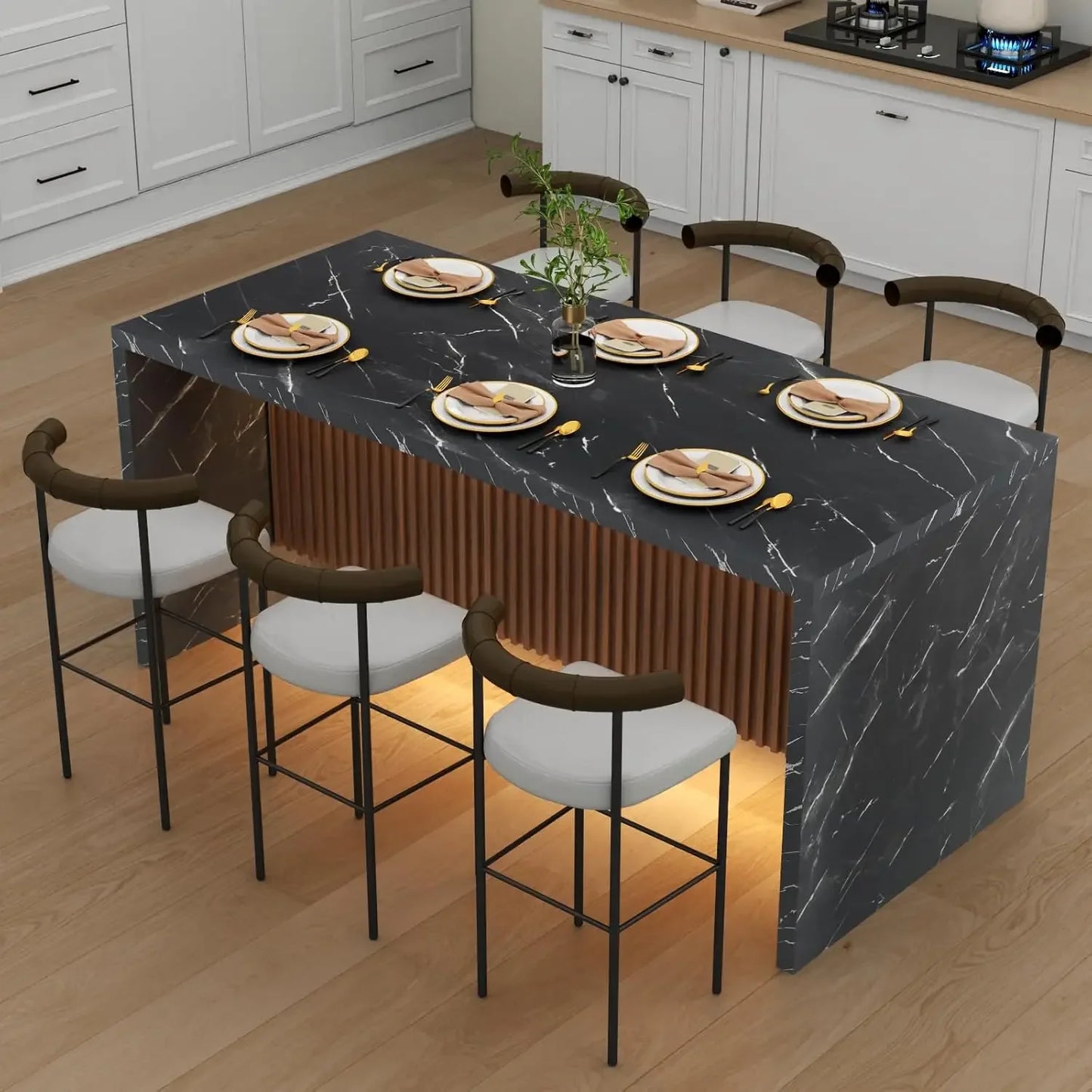 71 Inch Large Imitation Marble Dining Table, Island Table with Led Light, Modern Marble Stripe Kitchen Dining Table