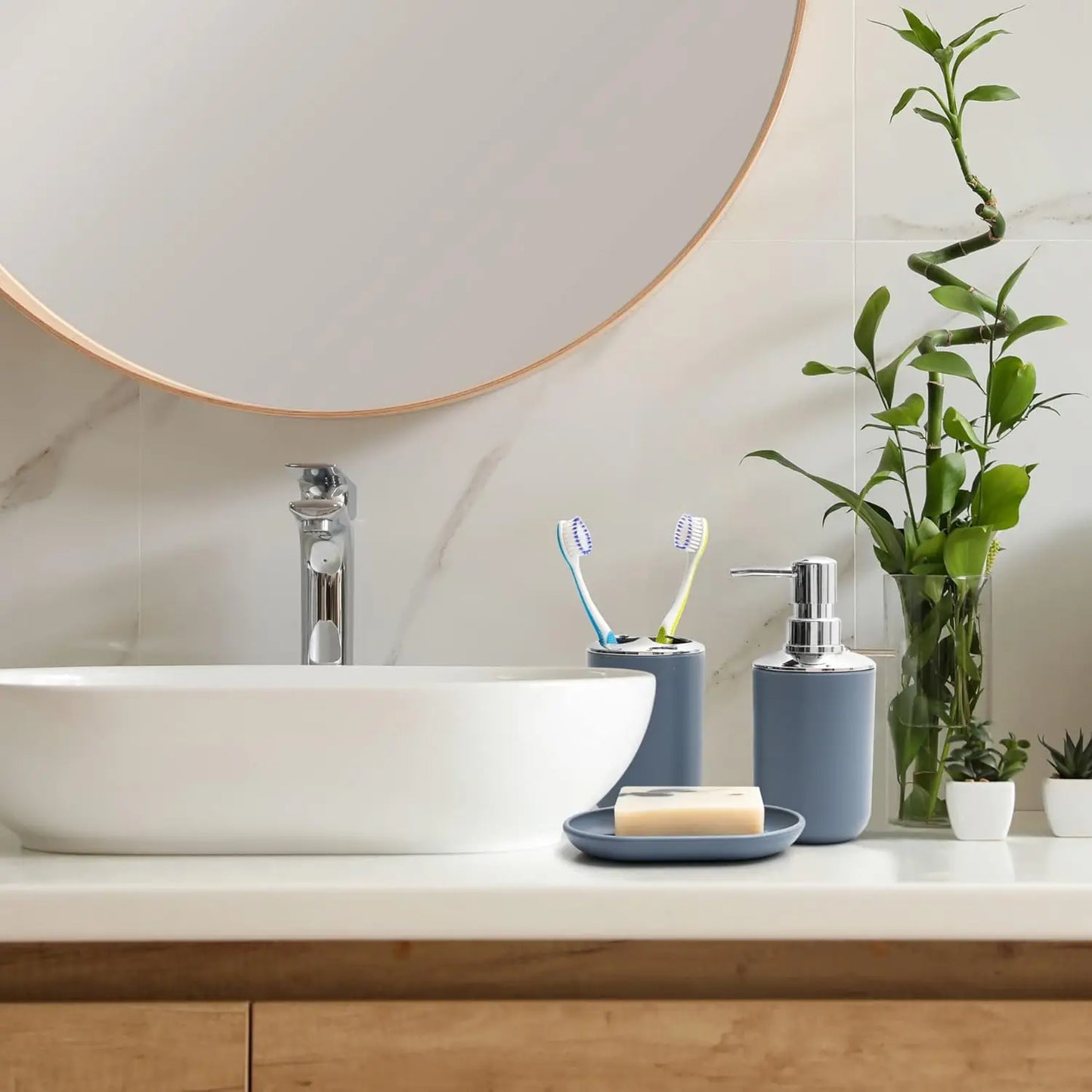 6-Piece Blue Bathroom Accessories Set: Soap Dispenser, Toothbrush Holder, Cup, Dish - Modern Decor Essentials