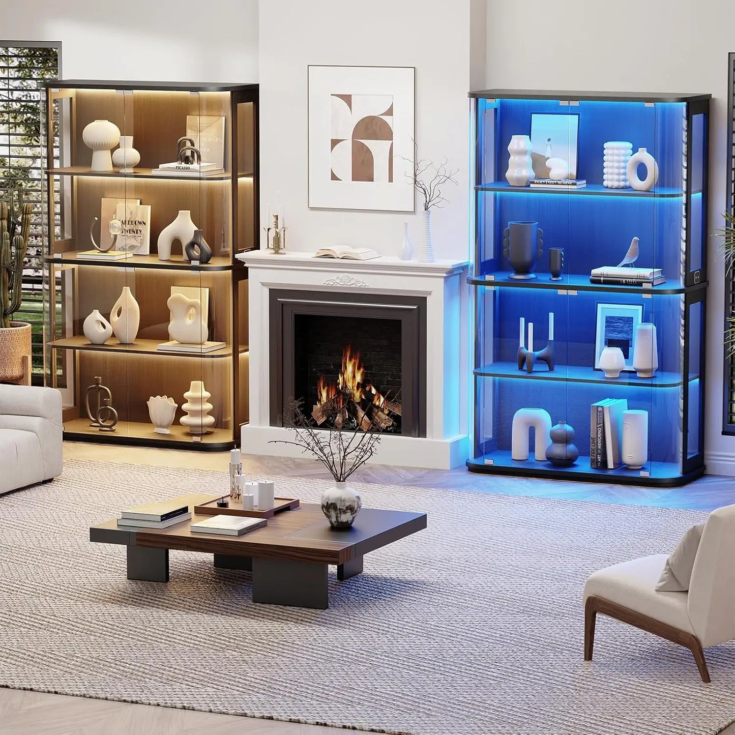 Large Rounded Display Cabinet with Glass Door, 4-Tier Curio Cabinet with 3 Color Lights for