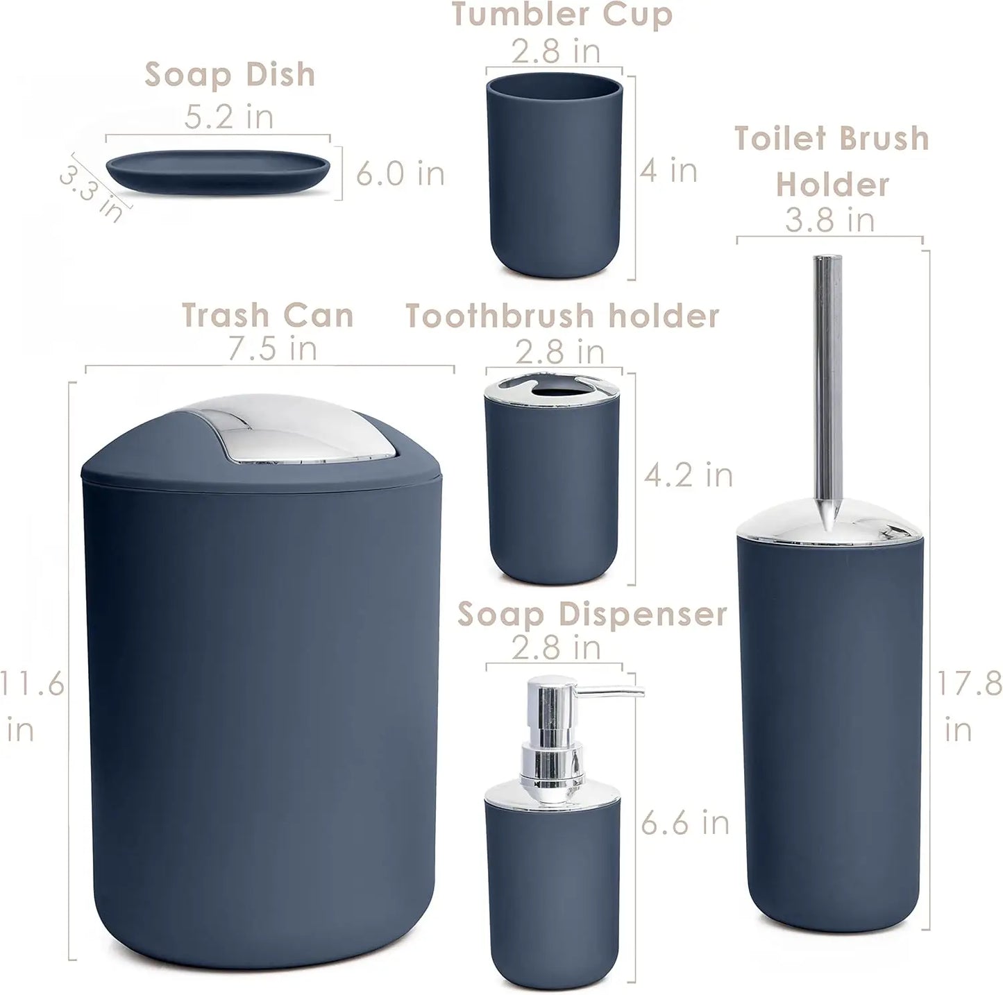 6-Piece Blue Bathroom Accessories Set: Soap Dispenser, Toothbrush Holder, Cup, Dish - Modern Decor Essentials