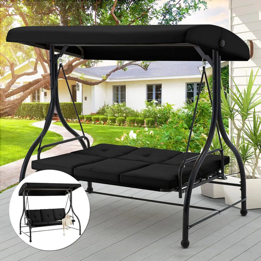 3-Seat Outdoor Patio Swing Chair, Converting Swing Glider Canopy Hammock w/Adjustable Backrest and Canopy, Customized
