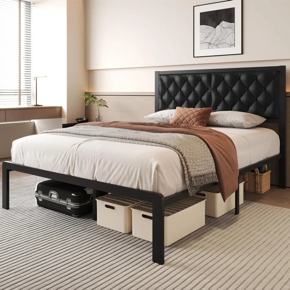Bed Frame with Headboard PU Leather Upholstered Bed Frame Platform,All Metal Slats Support Platform Bed Frame, Customized