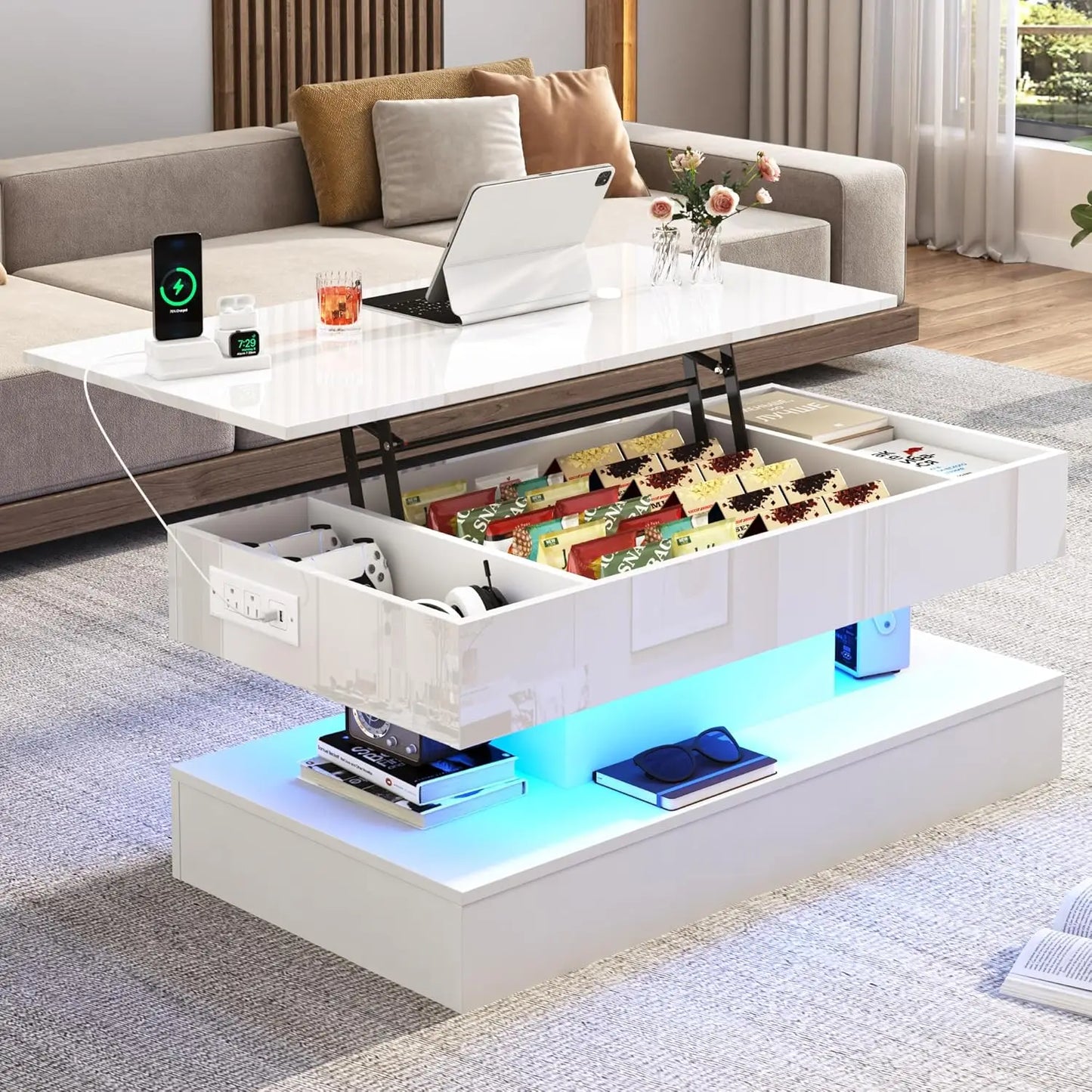 47.2" Large Lift Top Coffee Table,Modern High Glossy LED Coffee Tables for Living Room with Storage Drawer,White, Customized