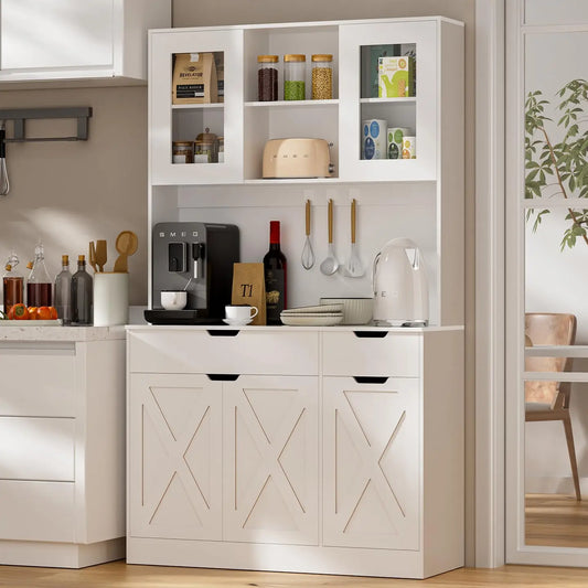 71" Tall Pantry Cabinet Hutch Microwave Stand Charging Station Adjustable Shelves Dining Living Room, Customized