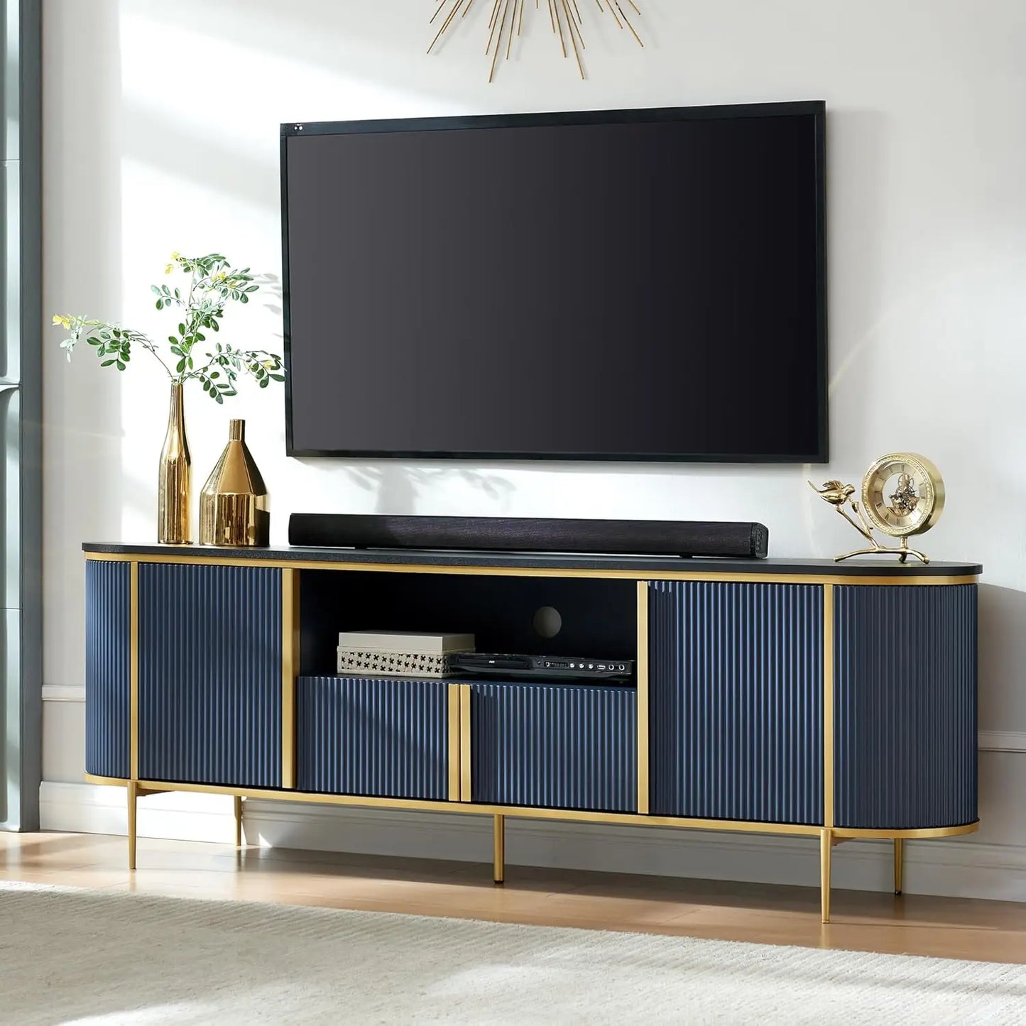 70" Fluted TV Stand Modern Entertainment Center Faux Marble Top Curved Profile Media Console Living Room Navy Blue Customized
