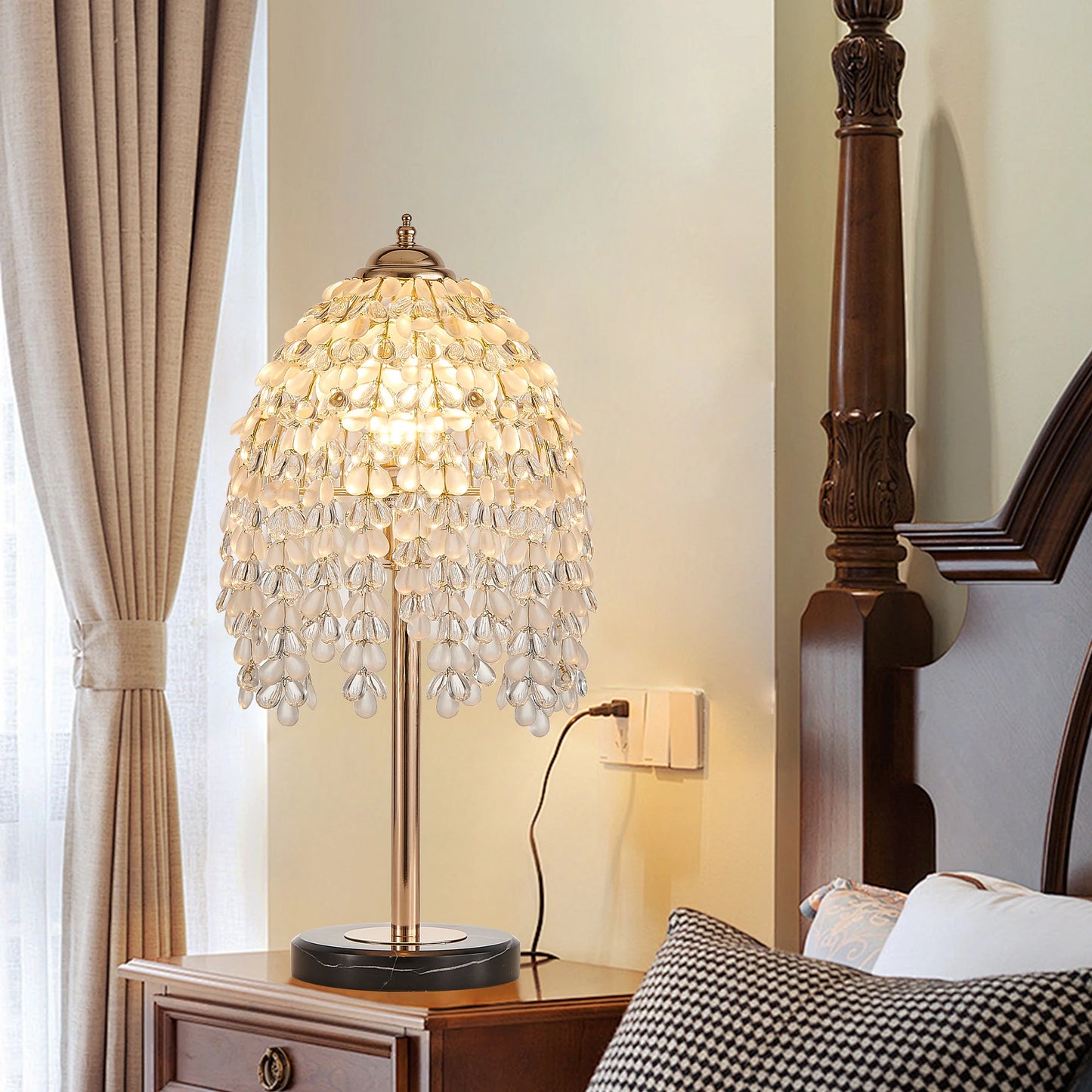 19"Elegant Crystal Table Lamp Vintage Waterfall Design with Crystal Bead String Shades and Marble Textured Base(No Bulb)