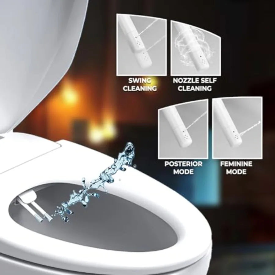 Right Side Bidet Toilet Seat Round with Adjustable Self-Cleaning Nozzles T Adapter Bottle - Non-Electric Bidet Seat in White fo