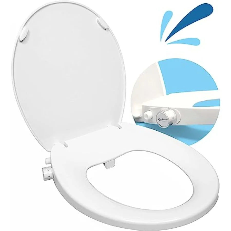 Right Side Bidet Toilet Seat Round with Adjustable Self-Cleaning Nozzles T Adapter Bottle - Non-Electric Bidet Seat in White fo